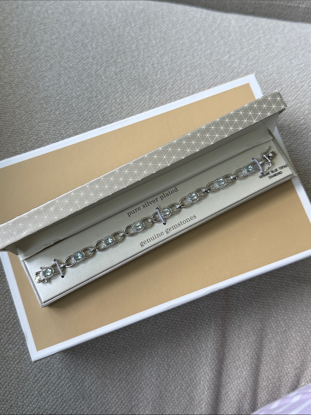 Sterling Silver Plated genuine Blue topaz Gemstone Link Bracelet